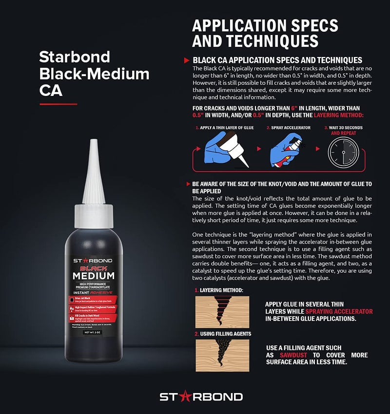 Starbond 2 oz. Black Medium CA Glue (Premium Cyanoacrylate Super Glue) Crack Filler 150 CPS Viscosity for Woodworking, Woodturning, Carpentry, Guitar, RC Hobby - Image 5